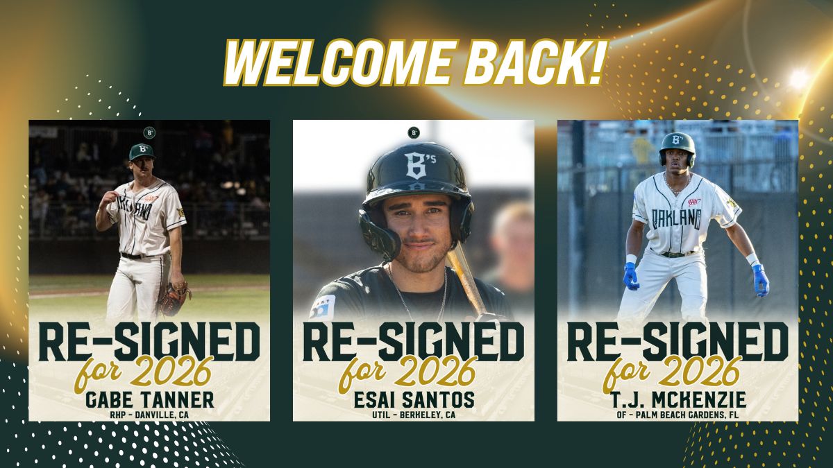 Welcome back Gabe Tanner, Esai Santos, and T.J. Mckenzie who have all re-signed for 2026 with the Oakland Ballers.