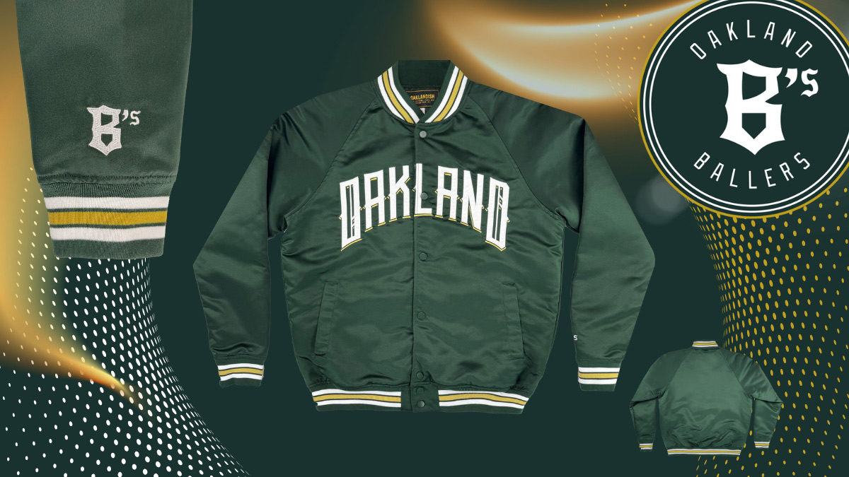 Ballers zip-up Jacket in Green with the word Oakland on the front, and no words on the back. B's logo on the cuff sleeve